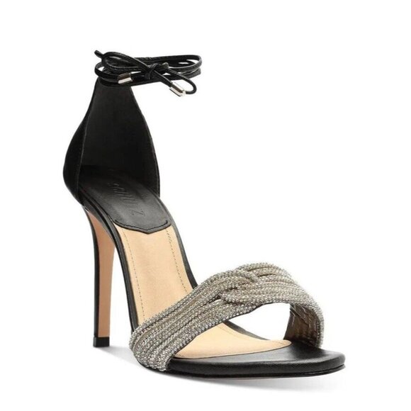Schutz High Heels Sz 8 Shoes Andy Leather Strappy Sandals Black Silver Glam - Picture 1 of 6